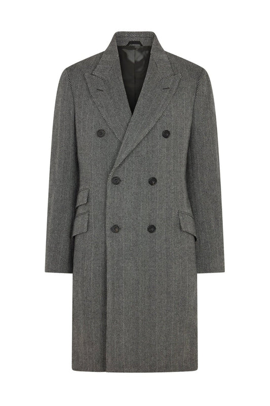 Grey Wool Herringbone Double Breasted Overcoat