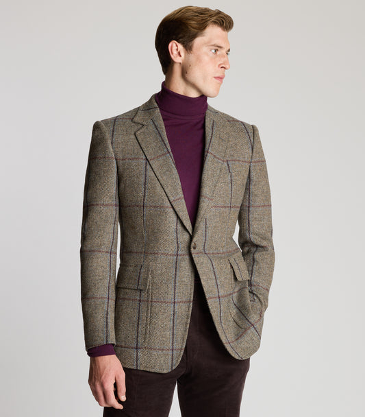 Heather/Blue Overcheck House Tweed Single Breasted Patch Pocket Jacket