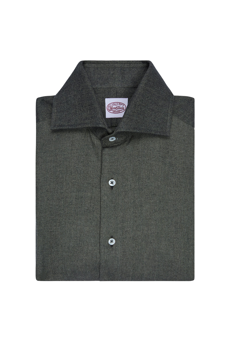 Green Brushed Cotton Herringbone Single Cuff Shirt