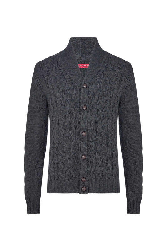 Grey Cashmere Shawl Neck Cable Knitwear