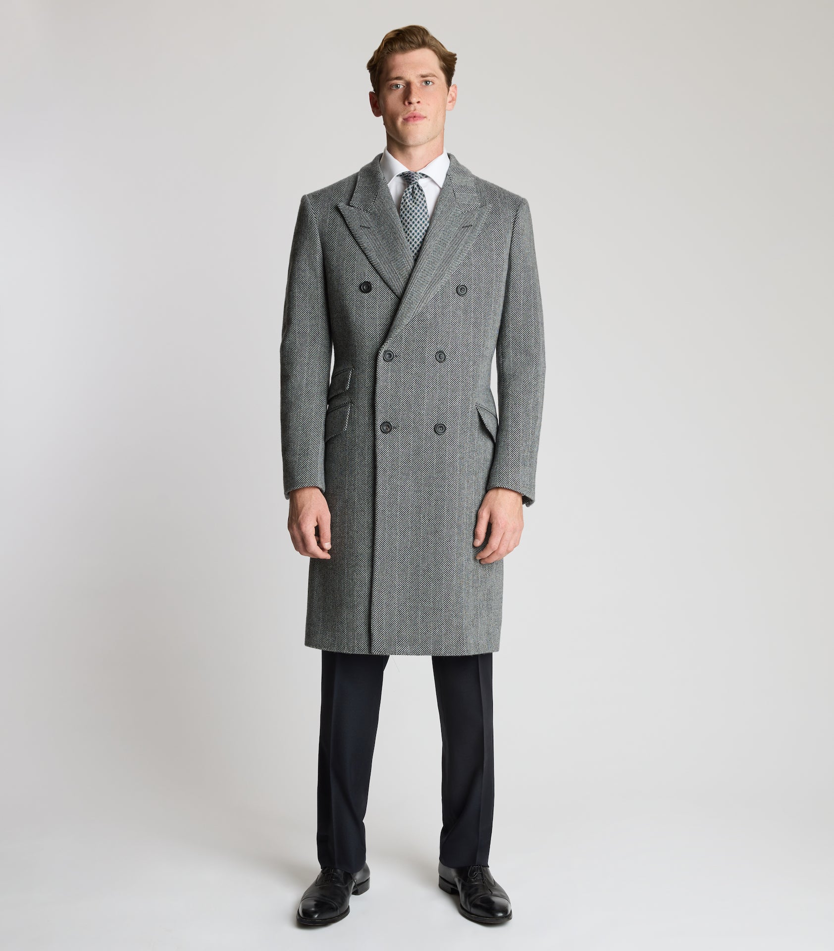 Grey Wool Herringbone Double Breasted Overcoat