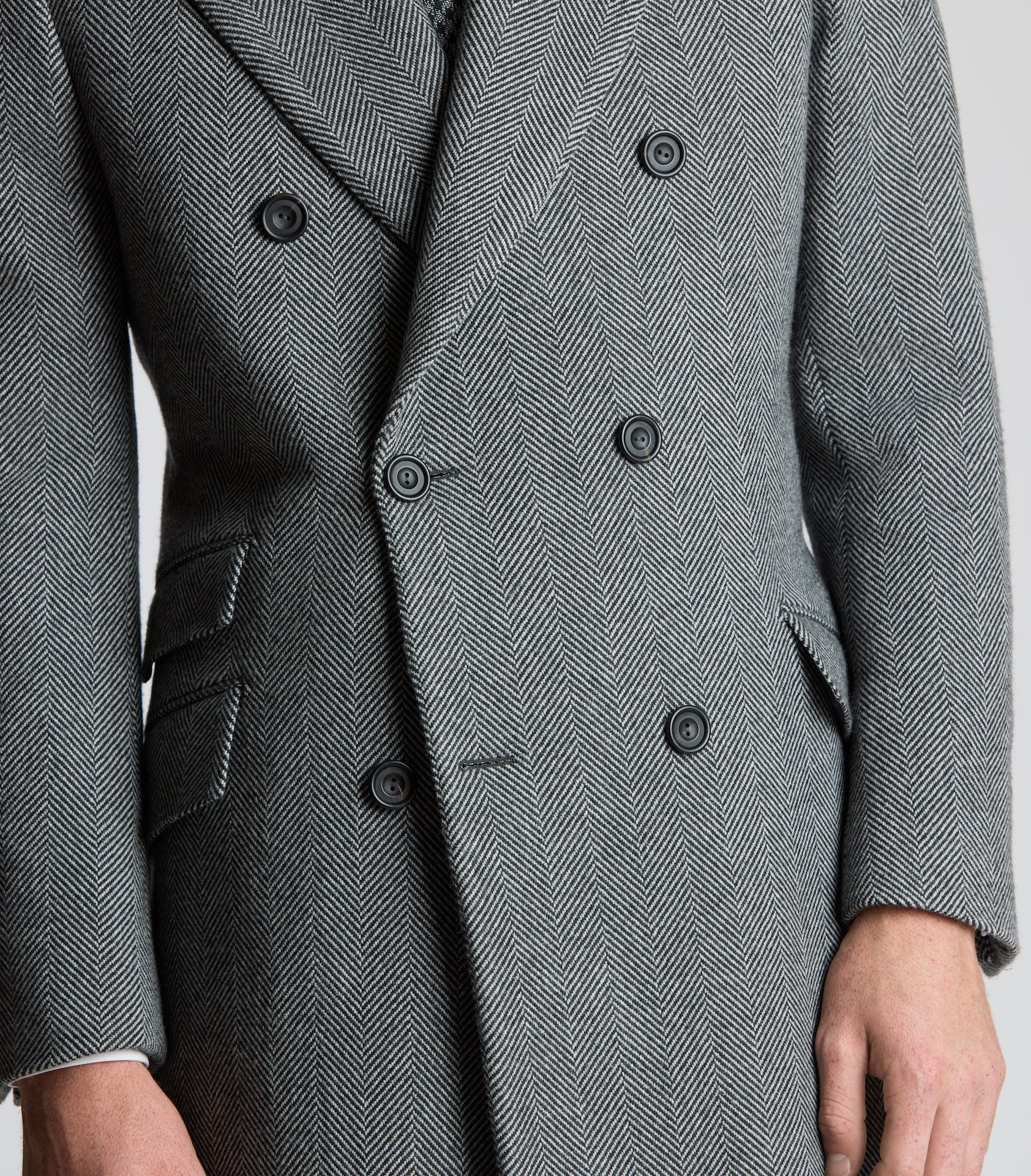 Grey Wool Herringbone Double Breasted Overcoat