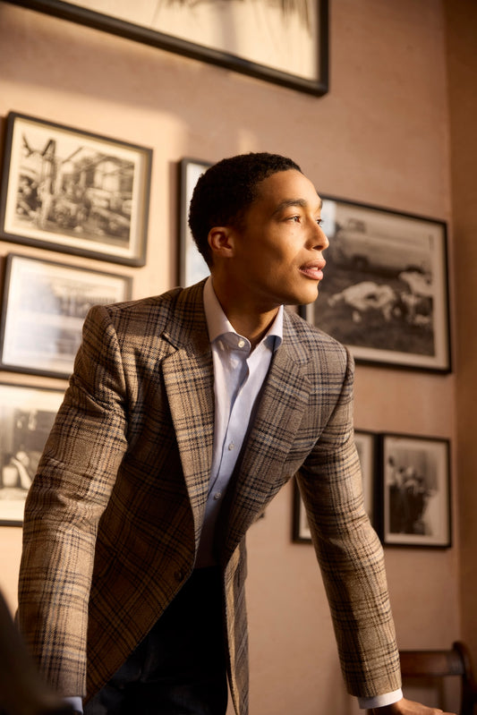 Brown/Blue Wool Silk & Linen Glen Check Single Breasted Jacket