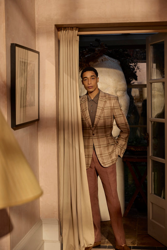 Brown/Green Wool Silk & Linen Single Breasted Check Jacket