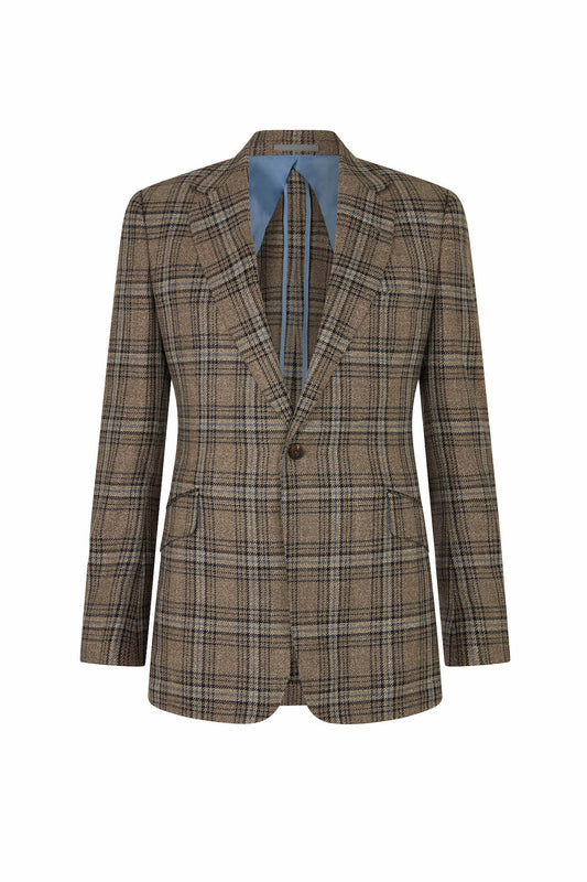 Brown/Blue Wool Silk and Linen Overcheck Single Breasted Jacket