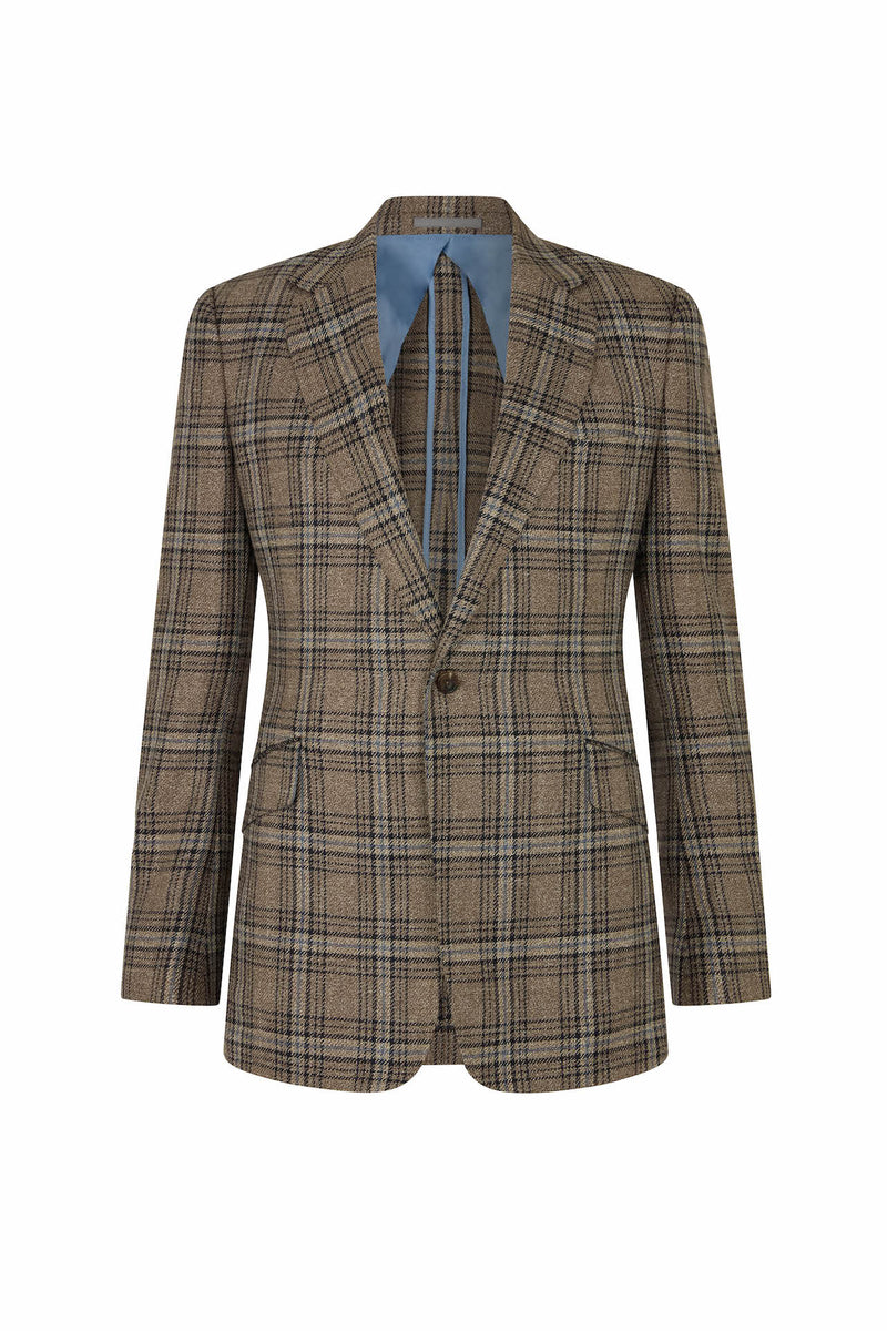 Brown/Blue Wool Silk & Linen Glen Check Single Breasted Jacket