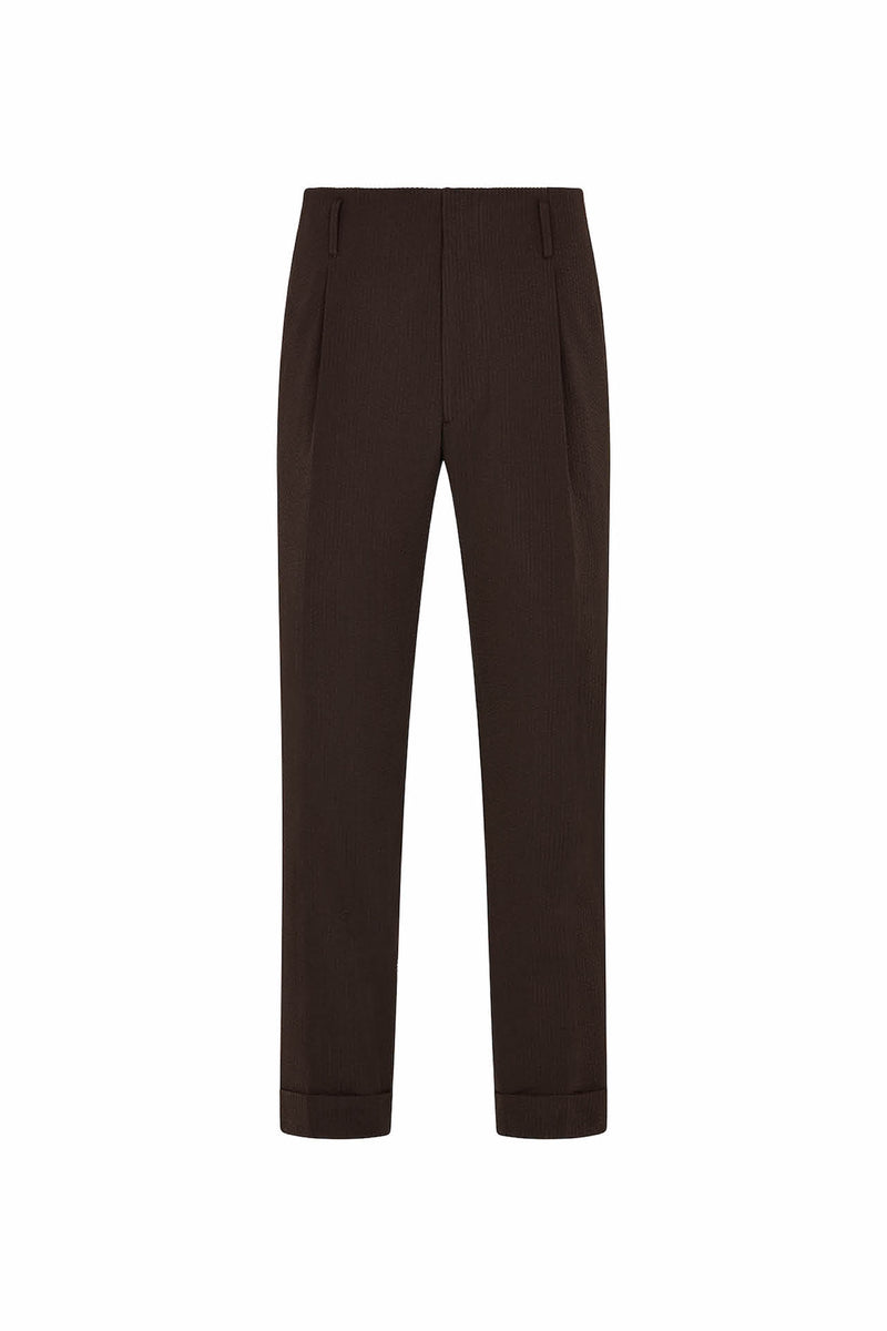 Brown Cotton Seersucker Hollywood Trousers