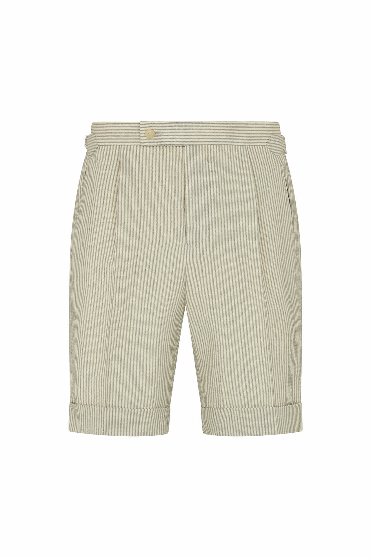 Grey/White Seersucker Striped Dress Shorts  Huntsman Savile Row