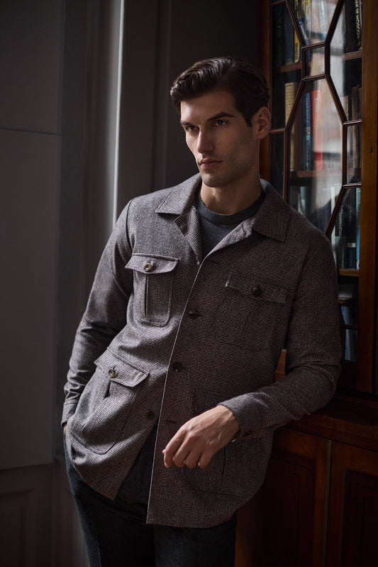 Brown Flannel Puppytooth Safari Jacket