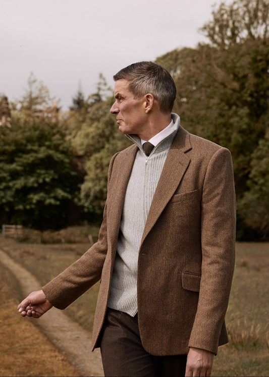 Brown Lambswool Herringbone Single Breasted Jacket