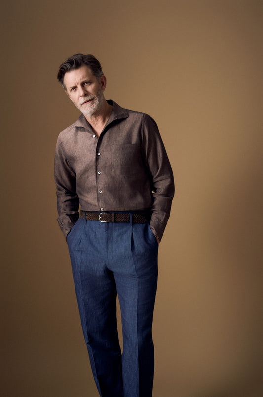 Brown Linen Riviera Collar Single Cuff Shirt