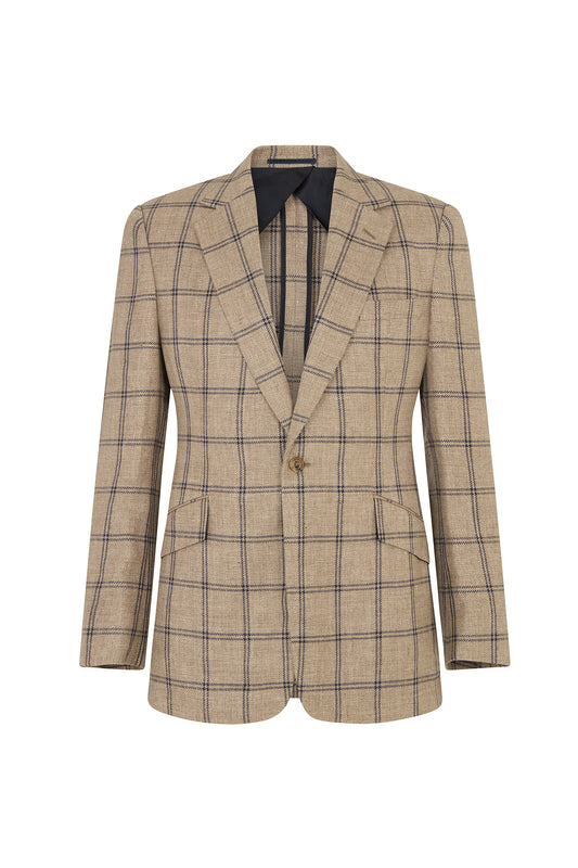 Brown/Navy Overcheck Wool/Silk & Linen Single Breasted Jacket