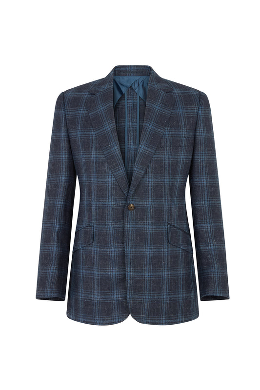 Navy/Blue Overcheck Wool/Silk & Linen Single Breasted Jacket