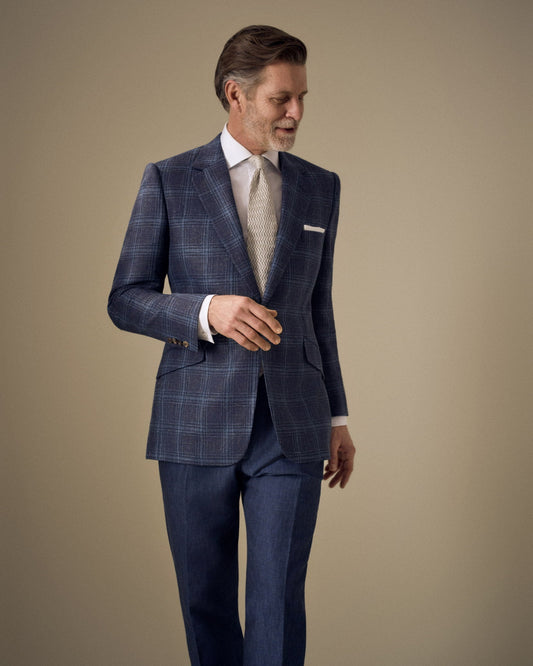 Navy/Blue Overcheck Wool/Silk & Linen Single Breasted Jacket