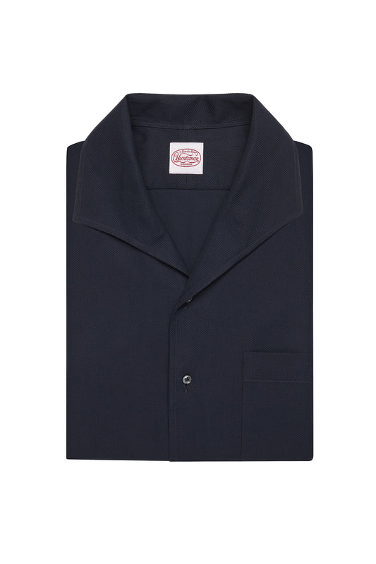 Navy Pique Riviera Collar Single Cuff Shirt