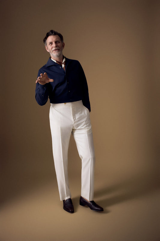 Navy Pique Riviera Collar Single Cuff Shirt