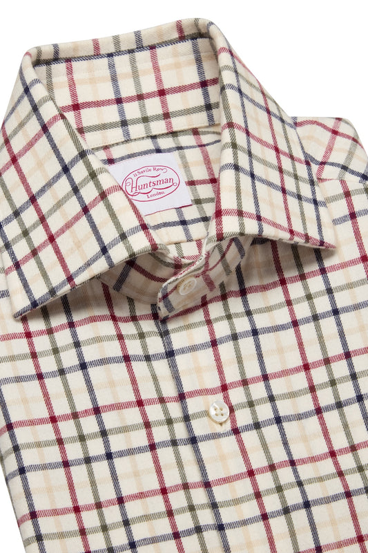 Wine Brushed Cotton Tattersall Single Cuff Shirt