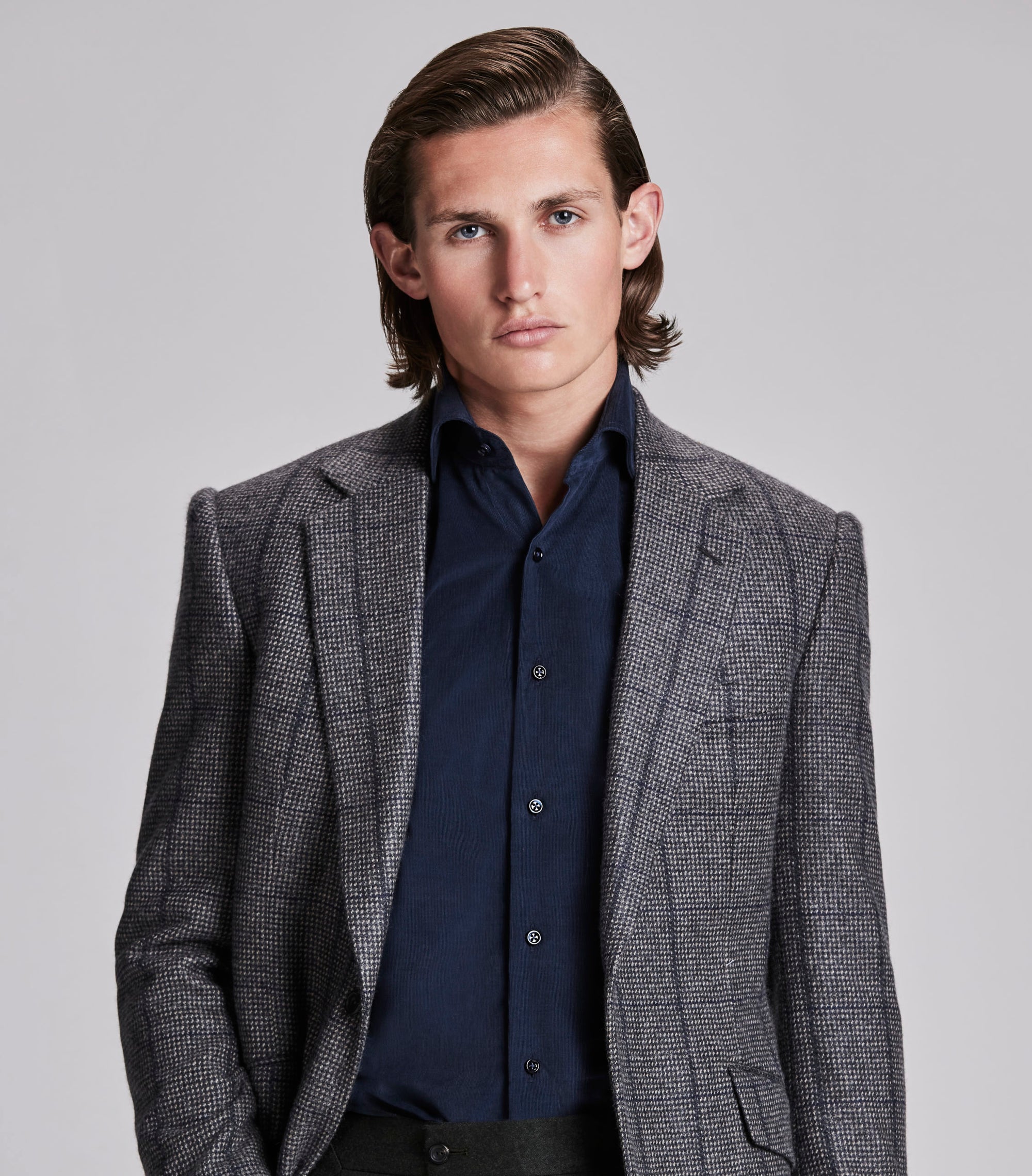 Navy/Grey Hairline Check Cashmere Jacket