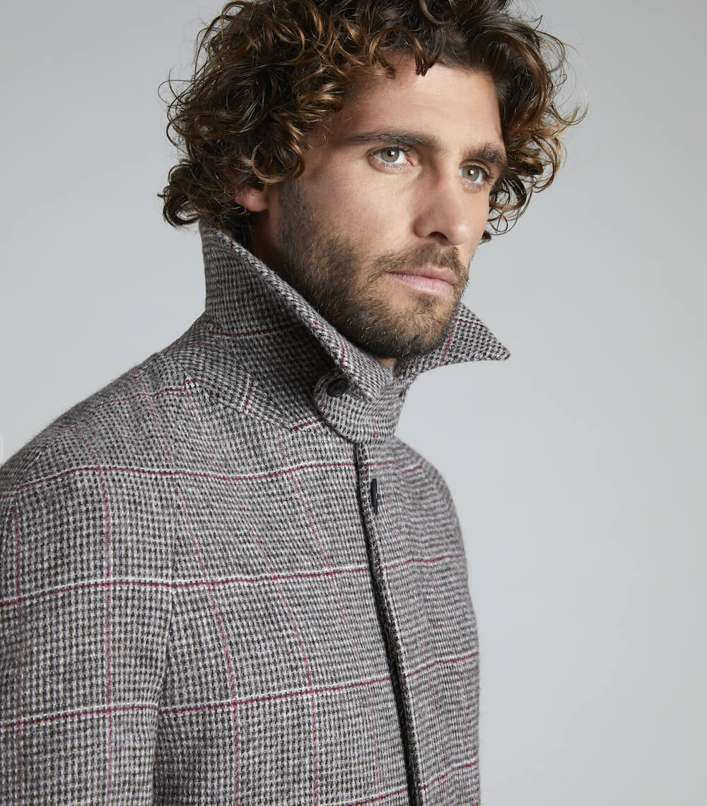 Claret/Grey Wool Balmacaan Overcheck Overcoat