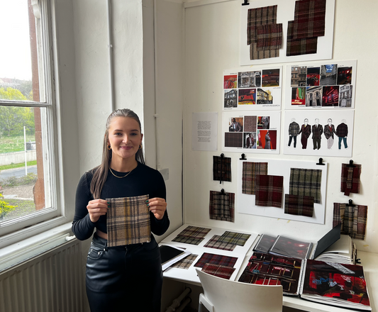 Student Lois Cowie with her winning textile design