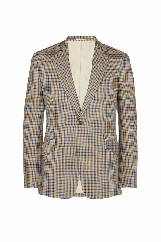 Brown Linen Single Breasted Check Jacket