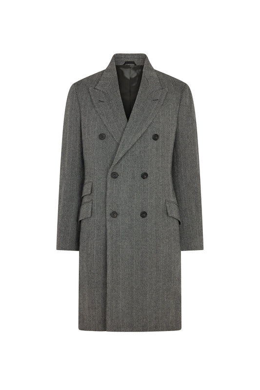 Grey Herringbone Double Breasted Overcoat