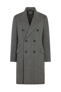 Grey Wool Herringbone Double Breasted Overcoat