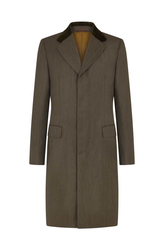 Green Covert Coat With Velvet Collar Overcoat