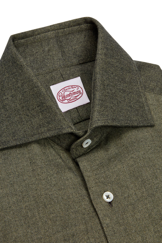 Green Brushed Cotton Herringbone Single Cuff Shirt