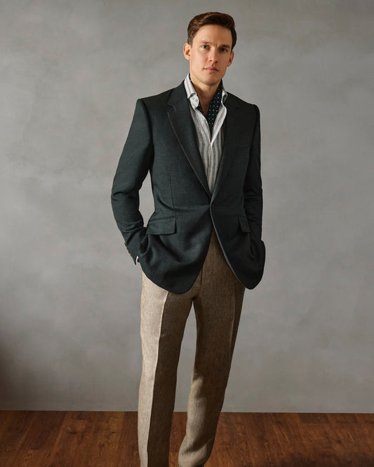 Green Melange Wool Hopsack Single Breasted Blazer