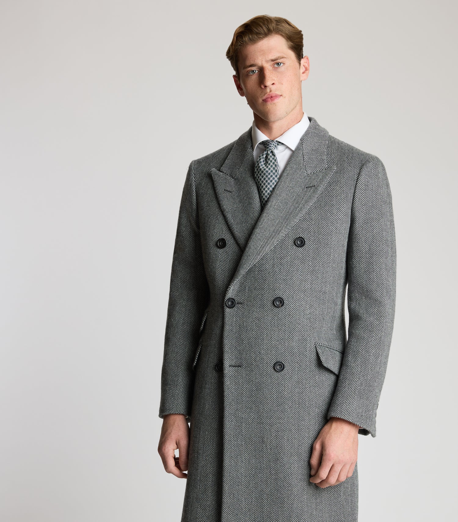 Grey Herringbone Double Breasted Overcoat – Huntsman Savile Row