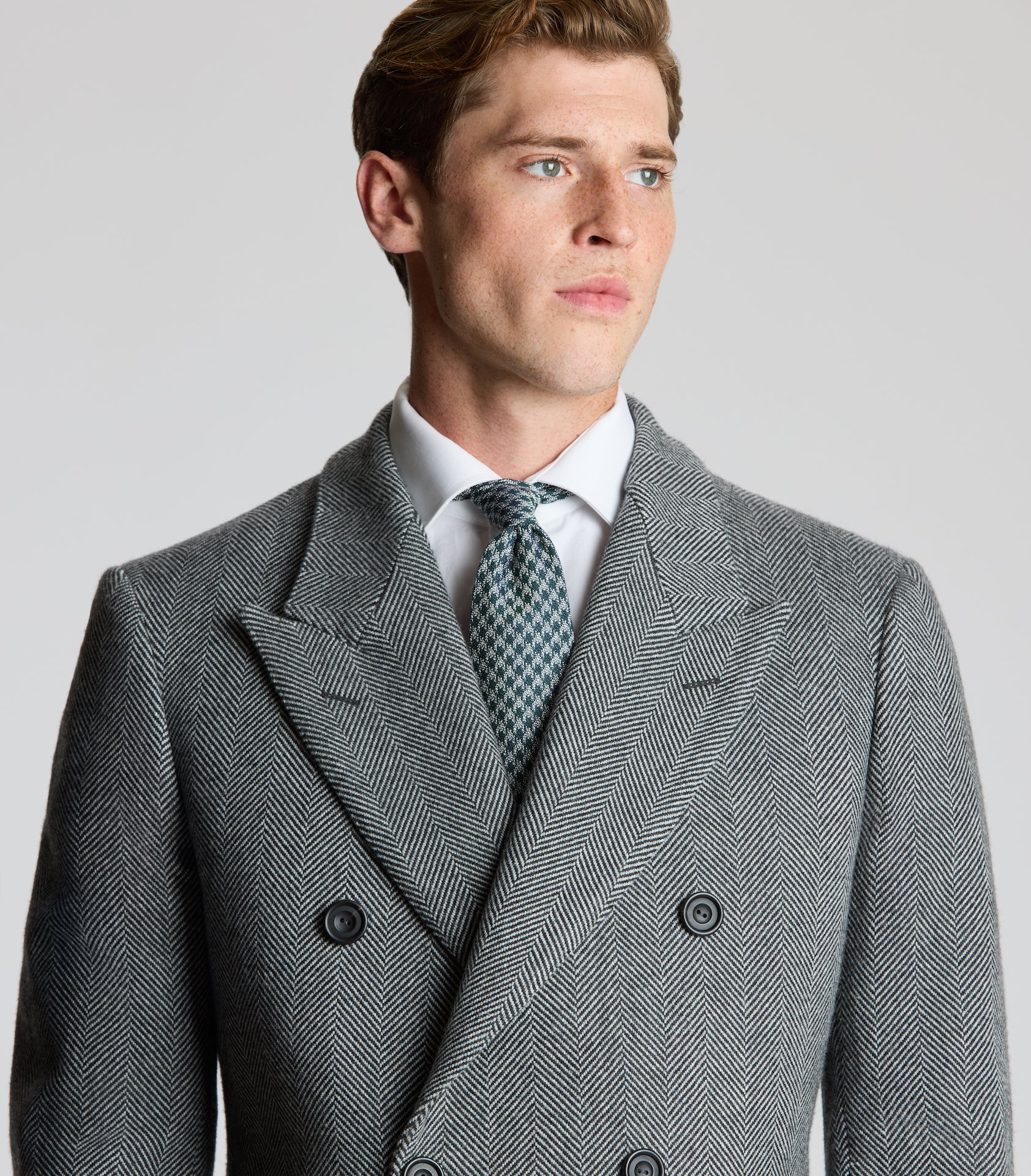 Grey Wool Herringbone Double Breasted Overcoat