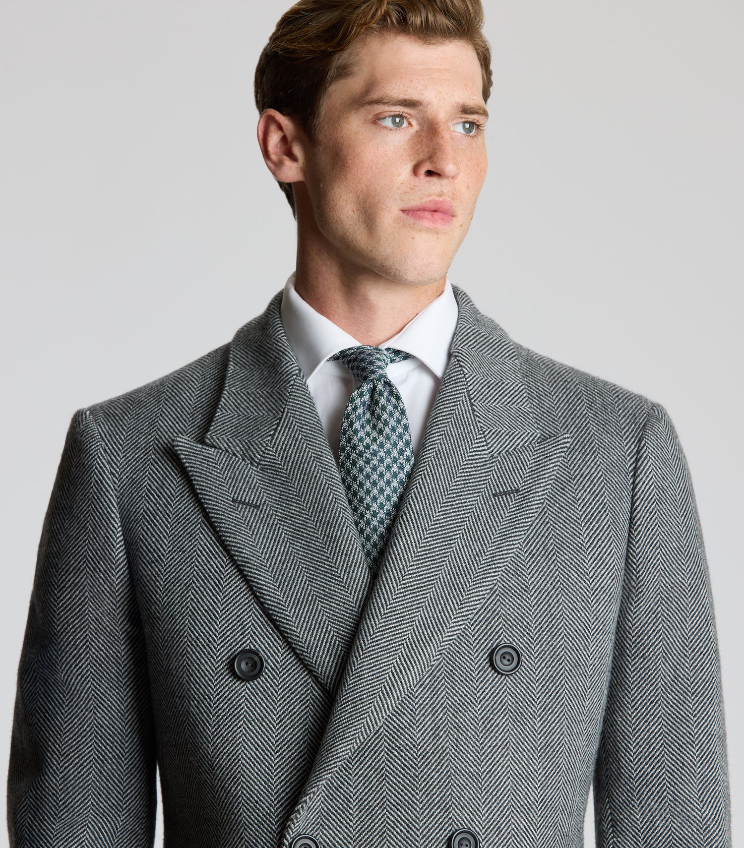 Grey Wool Herringbone Double Breasted Overcoat – Huntsman Savile Row