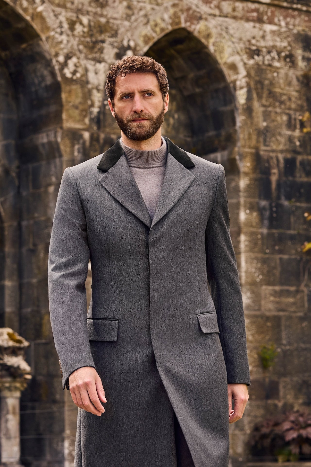 Green Covert Coat With Velvet Collar Overcoat - Main Image