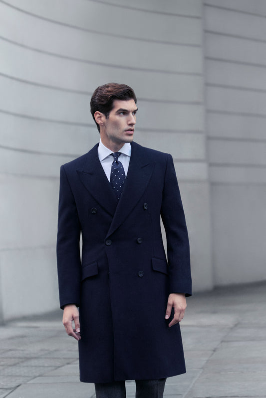 Navy Herringbone Double Breasted Overcoat