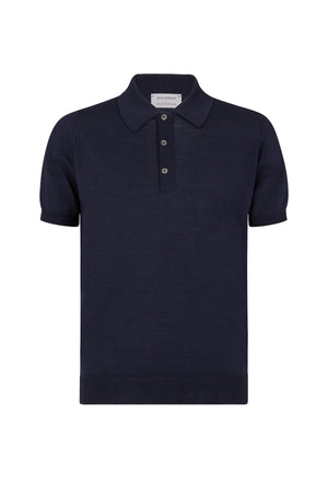 Huntsman x Smedley Peacoat-Blue Merino/Cotton Polo Neck