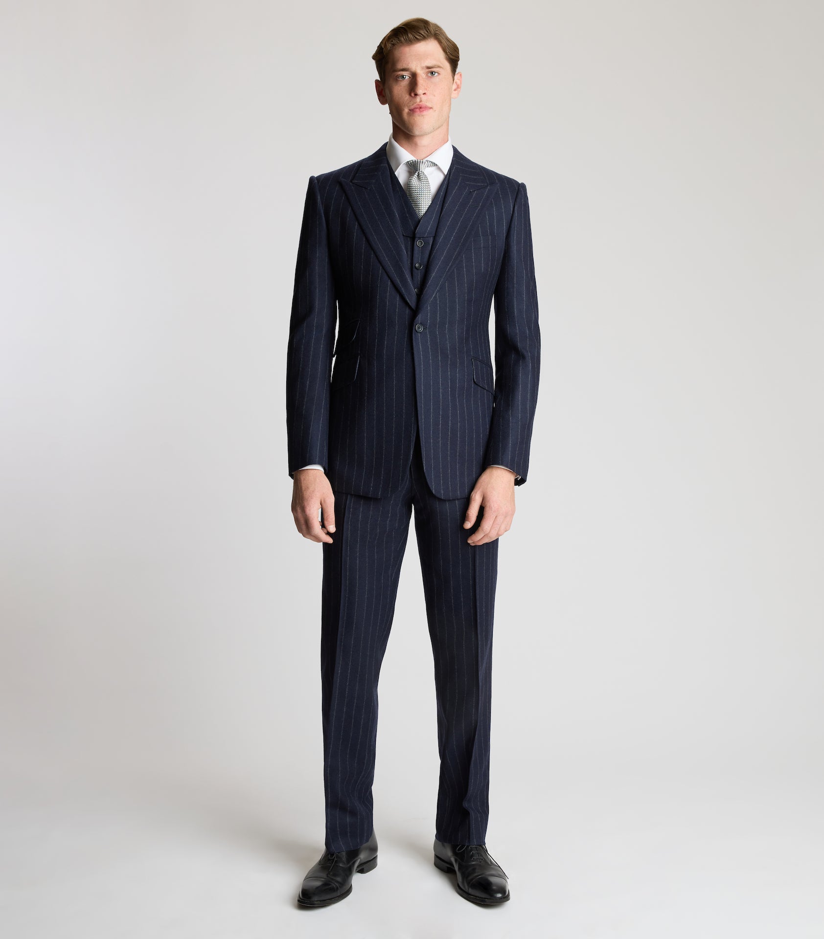 Navy Flannel Chalk Stripe Three-Piece Single Breasted Suit