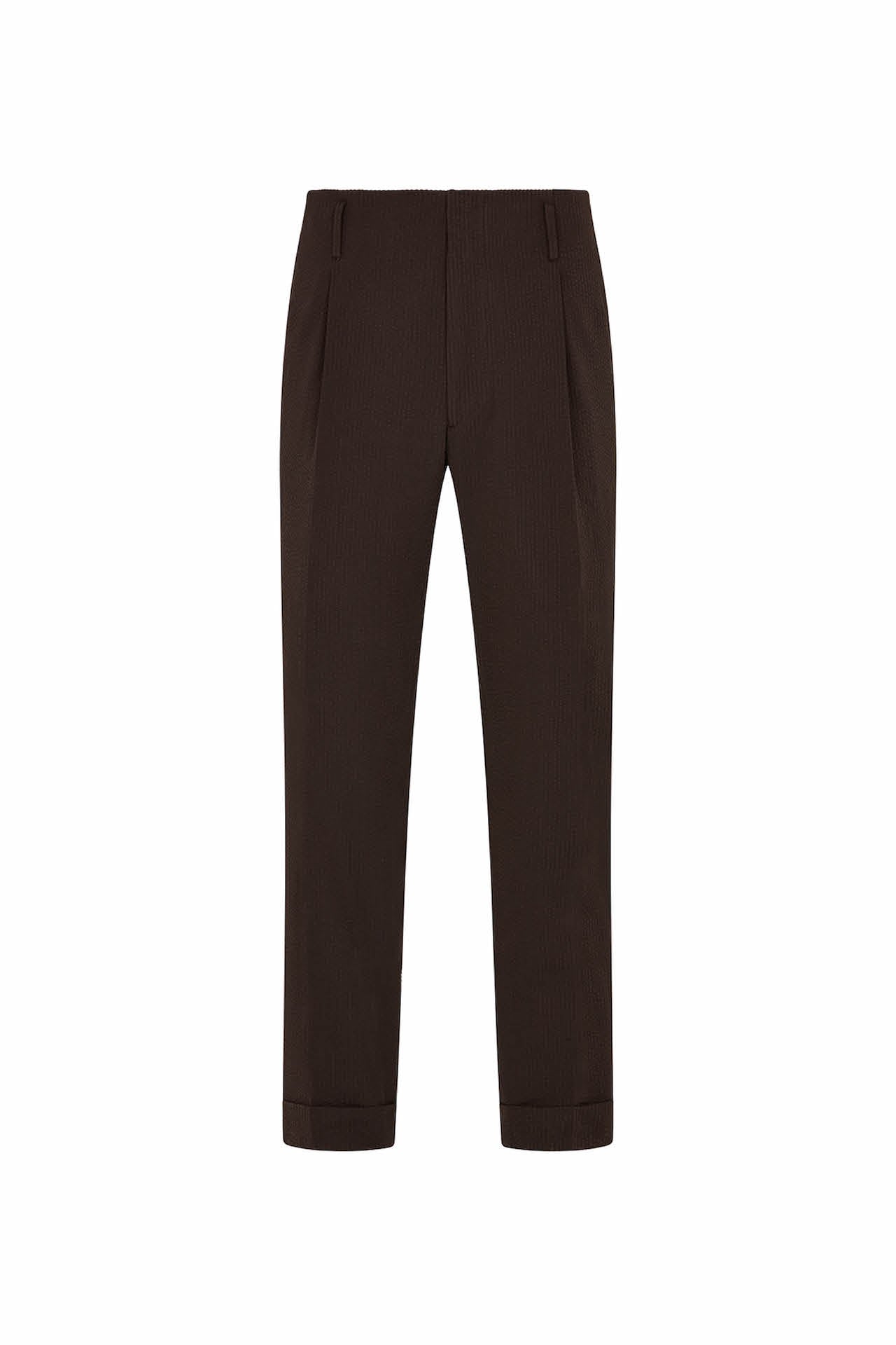 Brown Cotton Seersucker Hollywood Trousers