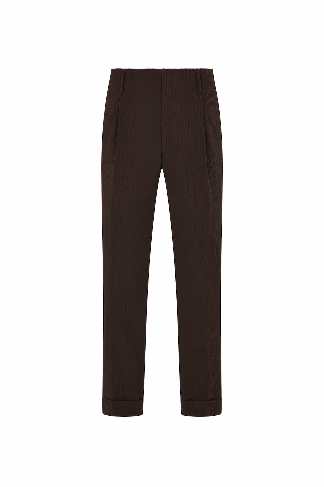 Brown Cotton Seersucker Hollywood Trousers