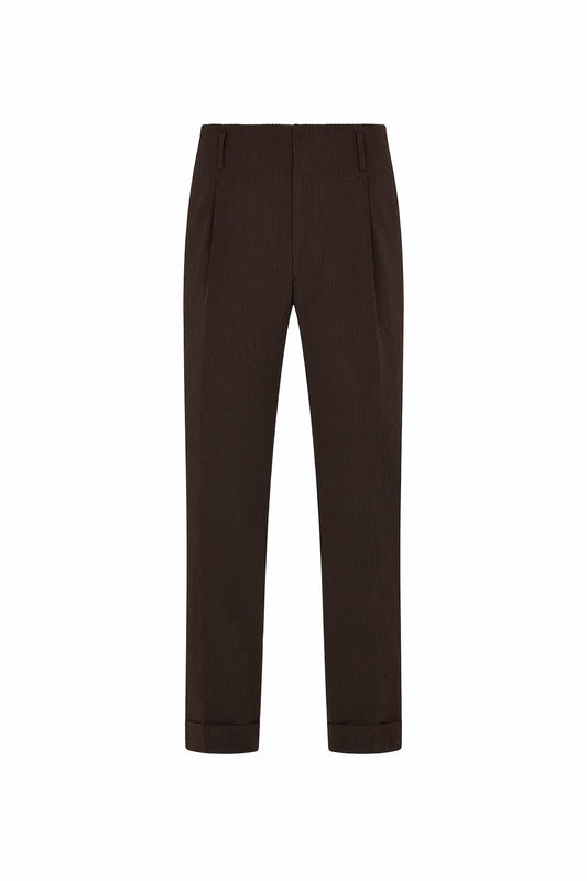 Brown Cotton Seersucker Hollywood Trousers