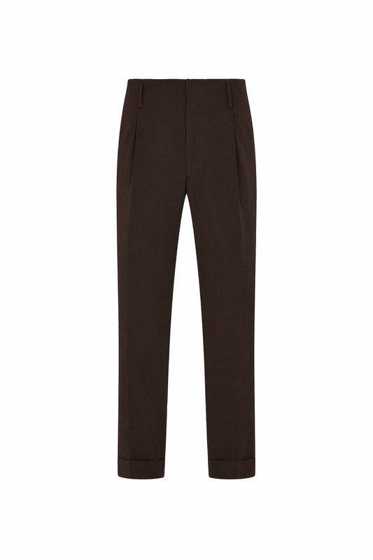 Brown Cotton Seersucker Hollywood Trousers