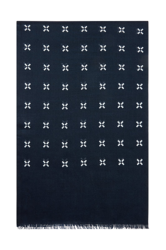 Navy/White Cross Design Wool/Silk Scarf