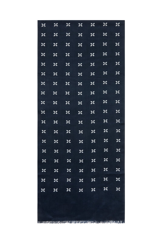 Navy/White Cross Design Wool/Silk Scarf