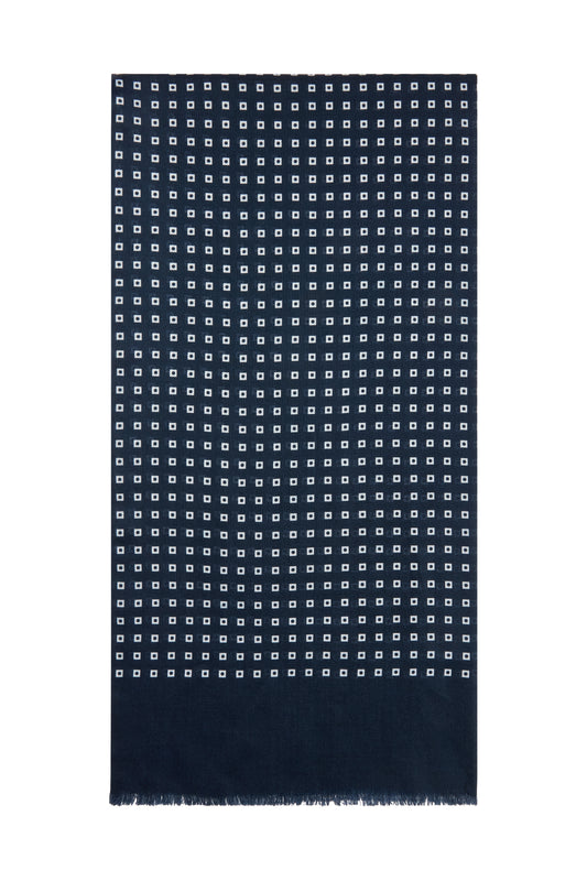 Navy/White Square Design Wool/Silk Scarf