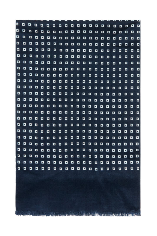 Navy/White Square Design Wool/Silk Scarf