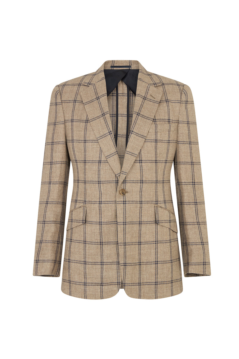 Brown/Navy Overcheck Wool/Silk & Linen Single Breasted Jacket