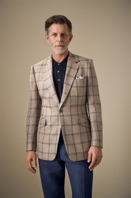 Brown/Navy Overcheck Wool/Silk & Linen Single Breasted Jacket