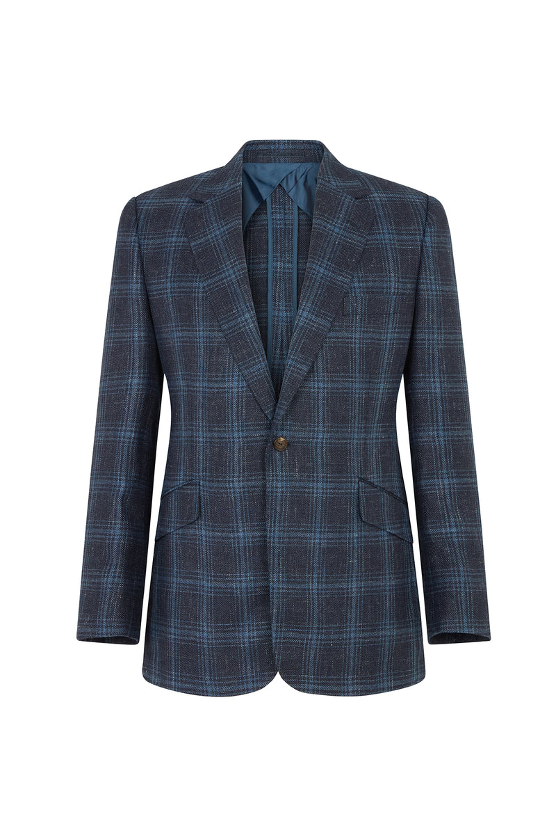 Navy/Blue Overcheck Wool/Silk & Linen Single Breasted Jacket