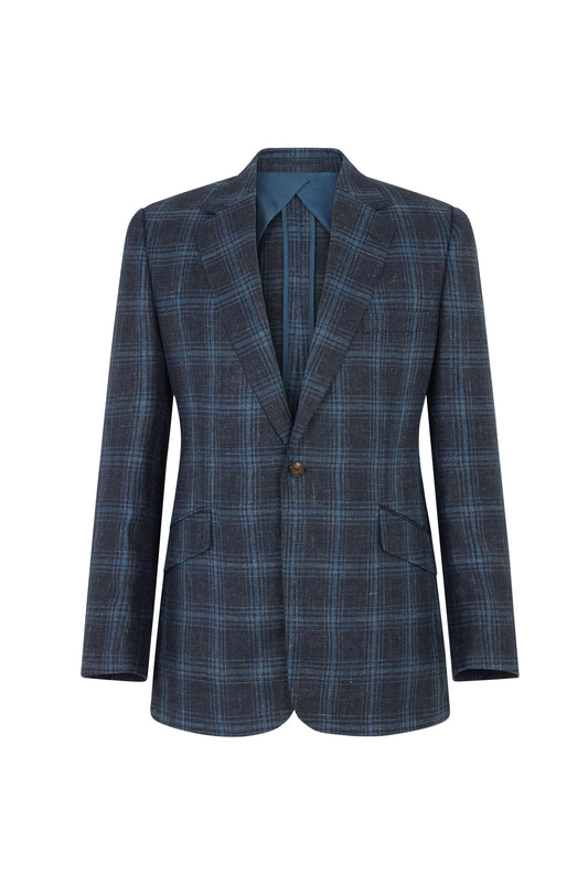 Navy/Blue Overcheck Wool/Silk & Linen Single Breasted Jacket