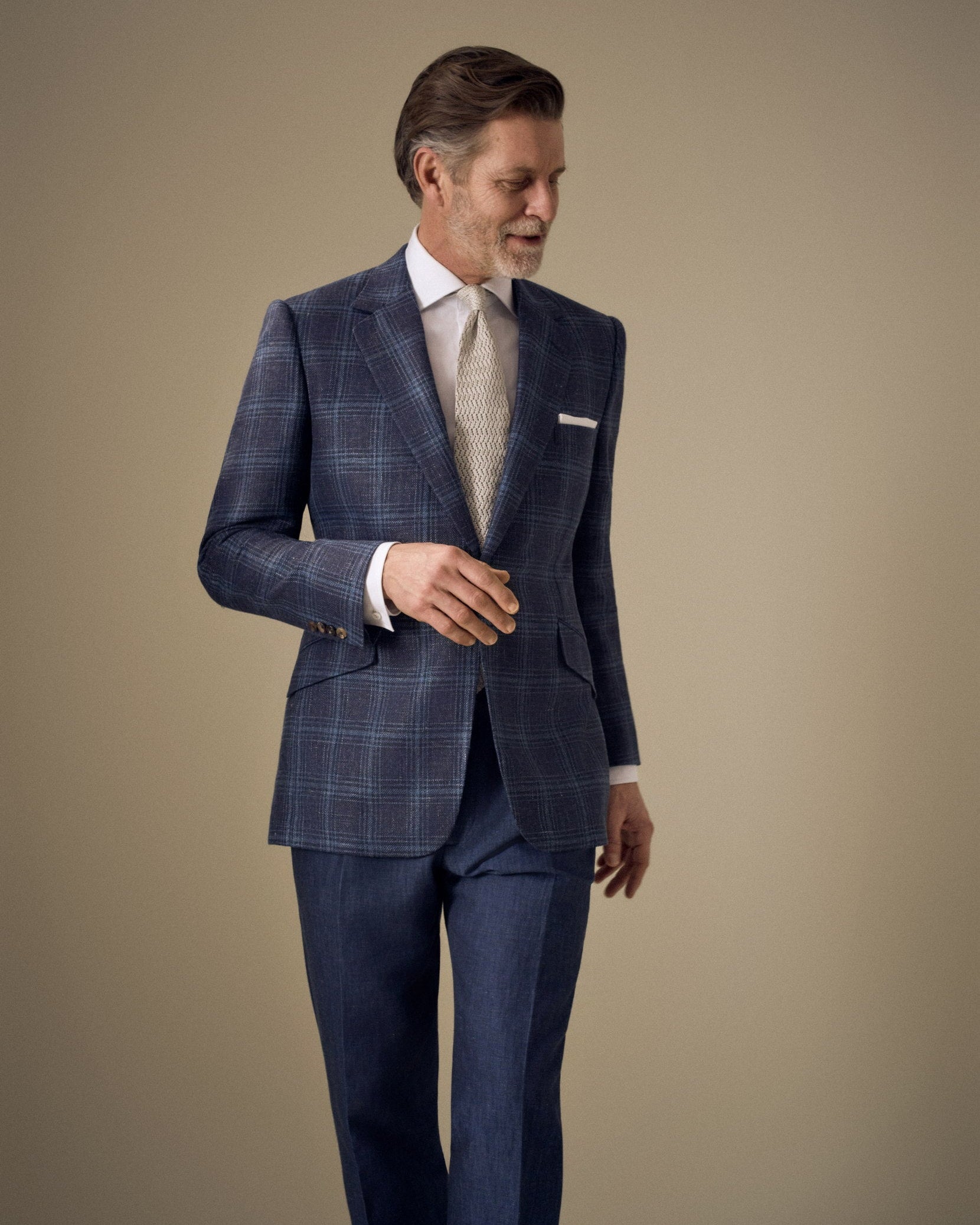 Navy/Blue Overcheck Wool/Silk & Linen Single Breasted Jacket